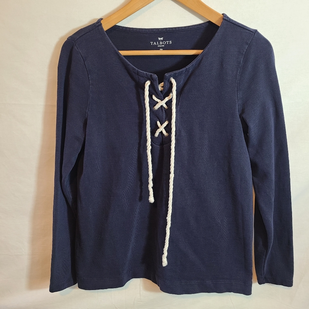 Talbots Petites Long Sleeve Tie Front Blue Top